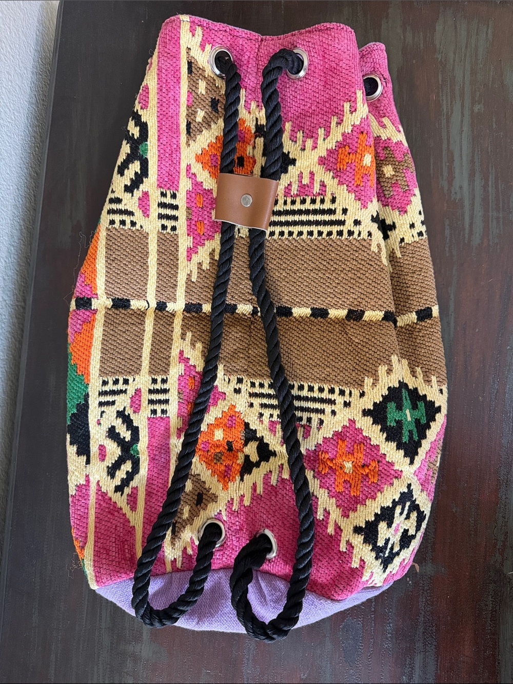 Handwoven Pink Multi-Color Patterned Drawstring Women’s Backpack Bag - Picture 2 of 4